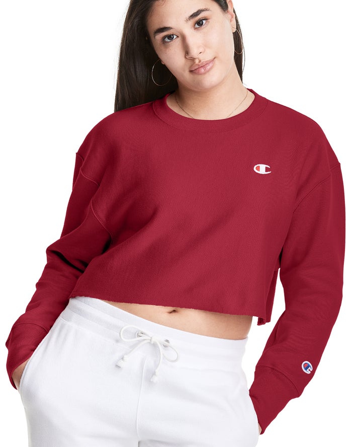 Champion Womens Sweatshirt NZ - Reverse Weave Cropped Cut-Off Crew Dark Red ( 5803-QSFPO )